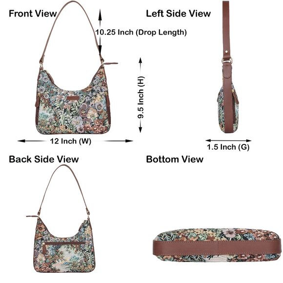Botanical Pattern Tapestry Fabric Hobo Bag For Women | Shoulder Sling Bag - Picture 3 of 9